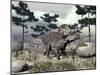 Zuniceratops Dinosaur Walking on a Hill with Large Rocks and Pine Trees-null-Mounted Art Print