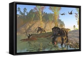 Zuniceratops Dinosaurs Drinking Water from a River-null-Framed Stretched Canvas