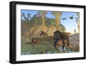 Zuniceratops Dinosaurs Drinking Water from a River-null-Framed Art Print