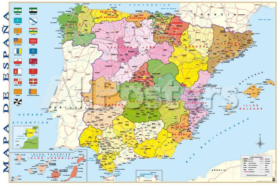 Spanien Kort Detaljeret Kort over Spanien Posters på AllPosters.dk Spanien Kort Detaljeret