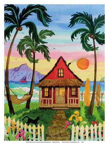 Hati S Red Hut Tropical Beach Hawaii Hawaiian Islands Hati S Red Hut Tropical Beach Hawaii Hawaiian Islands Sunset Kunstdruk