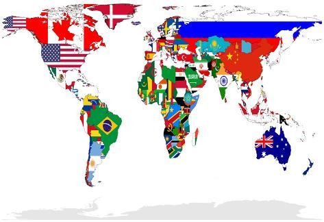 Karte von Welt mit Flaggen In Relevant Countries, Isolated On White