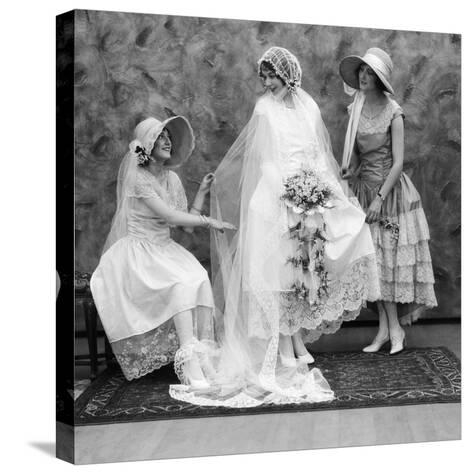 1900s-1910s Bride with One Bridesmaid on Either Side Helping Fix Her ...