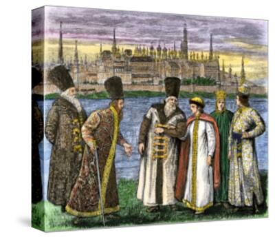 'A Group of Russian Nobles Called Boyars, the Kremlin in the Background