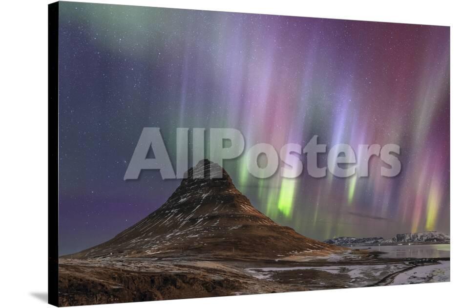 Strong And Colorful Aurora Borealis In The Foreground Is Iconic Kirkjufell Volcano