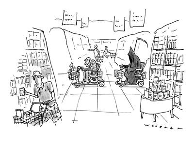 grim reaper yorker cartoon elderly motorized chasing both through cart man allposters posters sp
