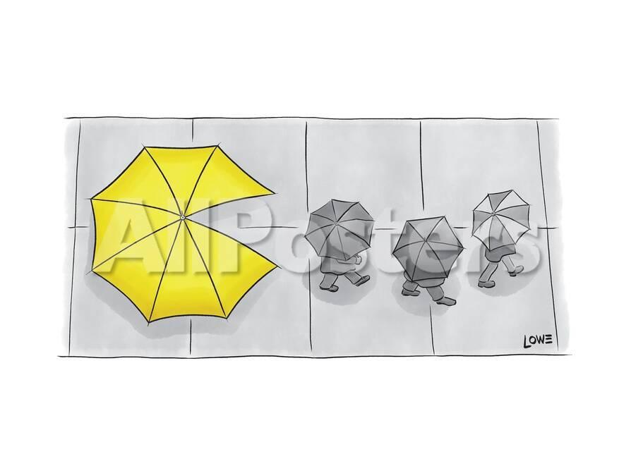 A Yellow Umbrella With A Pacman Mouth Behind Three Nondescript Gray Ghost New Yorker Cartoon Premium Giclee Print Christian Lowe Allposters Com