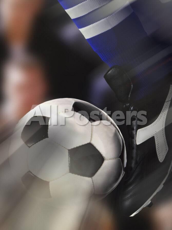 Close Up Of A Soccer Player Kicking A Soccer Ball Photographic Print Allposters Com