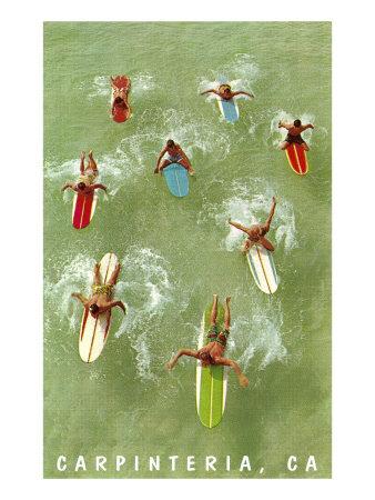 'Colorful Surfers and Surf Boards in Green Water, Carpinteria' Poster