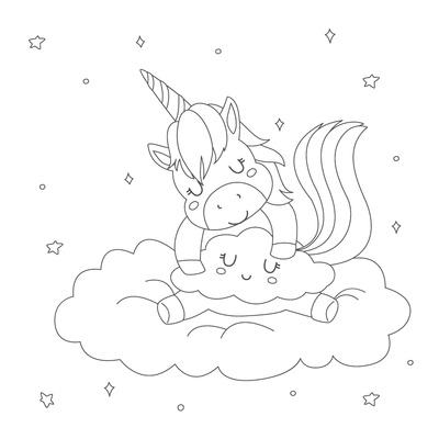 'coloring page for children cute sleeping unicorn hugging