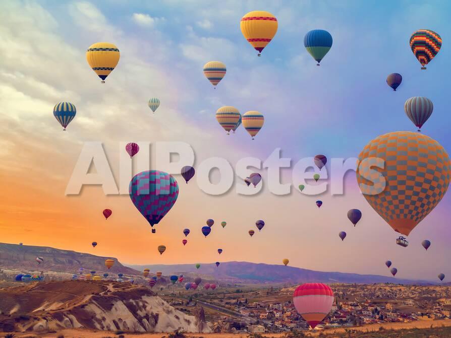 Hot Air Balloons Flying Over Mountains Landscape Sunset Vintage Nature Background