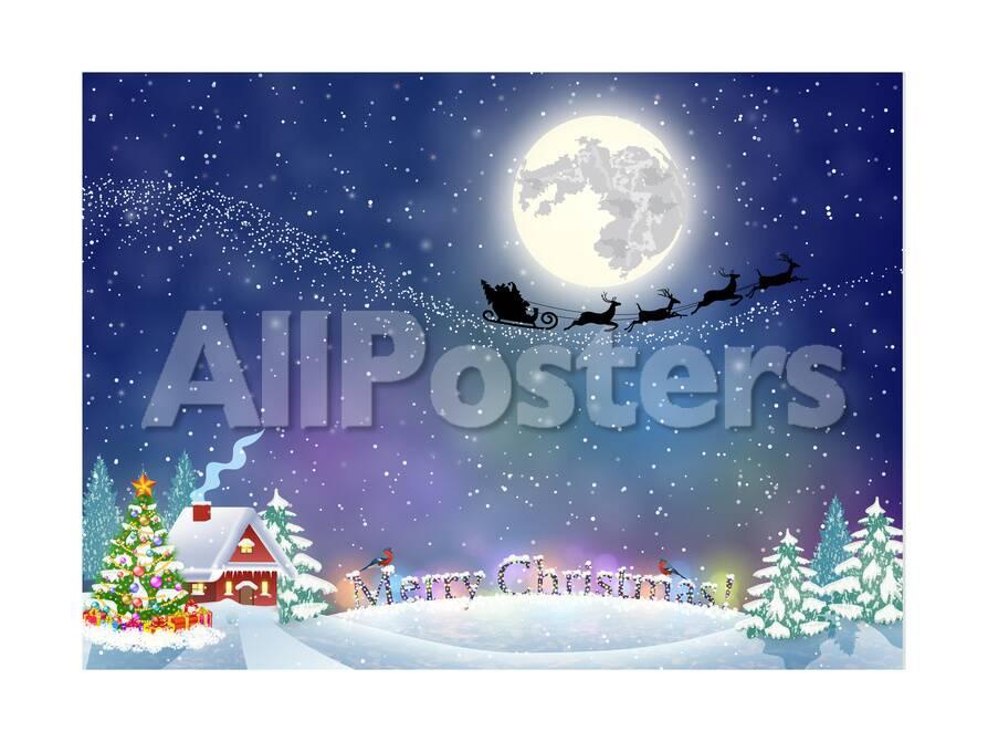 Meryy Christmas And Happy New Year Vintage Greeting Card On Winter Village Santa Claus With Deers