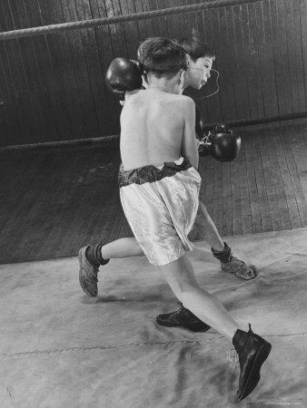 'Two Young Boys Competing in P.A.L. Boxing Match' Photographic Print