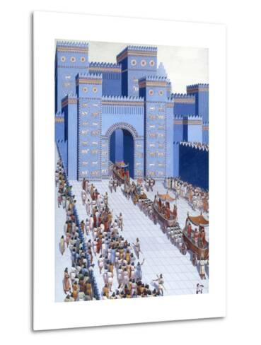 men parade statues of gods into babylon through ishtar gate giclee