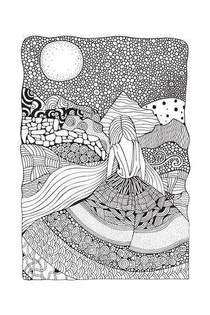 'young girl with long hair beautiful long dress in