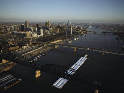 Aerial View of Barges Traveling the Mississippi River Past St. Louis Photographic Print by Ira ...