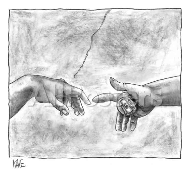 God S Hand Touching Adam S Hand A La Sistine Chapel Ceiling With Addition New Yorker Cartoon