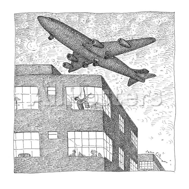 Man Hitting Ceiling Of Apartment With Broom To Tell Airplane Overhead To B New Yorker Cartoon Premium Giclee Print John O Brien Allposters Com