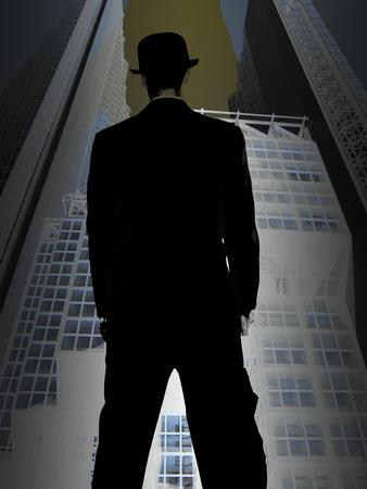 'Man in Bowler Hat and Suit Standing in Front of City' Photographic