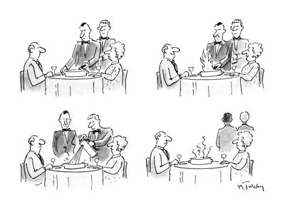 Four-panel drawing of a waiter lighting a flambe at a restaurant table ...