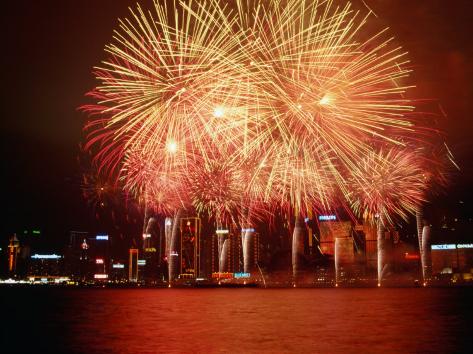 Fireworks Display Over Victoria Harbour for Chinese New Year, Hong Kong