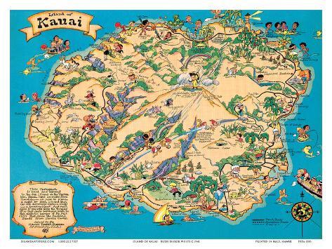 Hawaiian Island of Kauai Map - Hawaii Tourist Bureau Print by Ruth ...