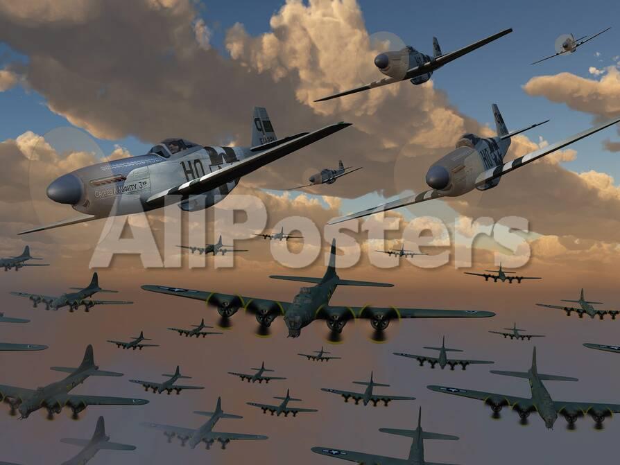 b 17 flying fortress bombers and p 51 mustangs in flight