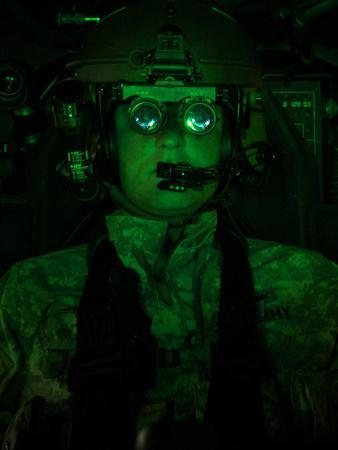 Pilots equipped with night vision goggles in the cockpit 