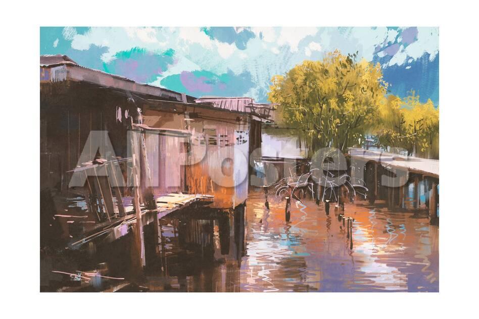 Old Fishing Village Oil Painting Style Illustration Poster Tithi Luadthong Allposters Com