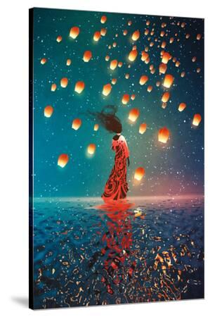 'Woman in Dress Standing on Water against Lanterns Floating in a Night