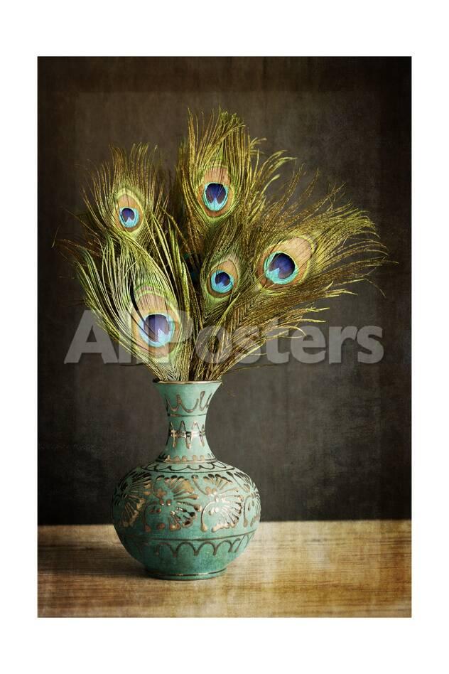 Peacock Feathers In Blue Vase Giclee Print By Tom Quartermaine At