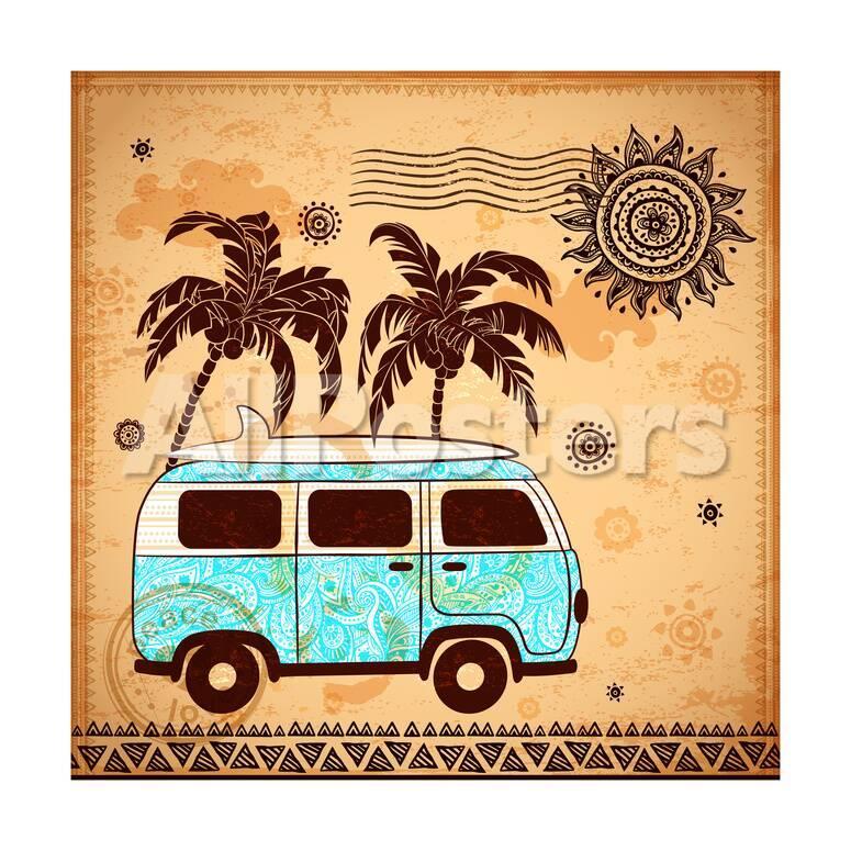 Retro Travel Bus With Vintage Background Posters Transiastock Allposters Com