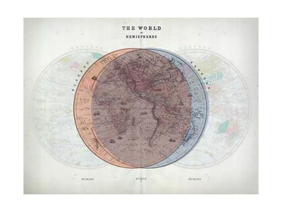 'Venn Diagram of Humans - 1873, The World in Hemispheres Map' Giclee