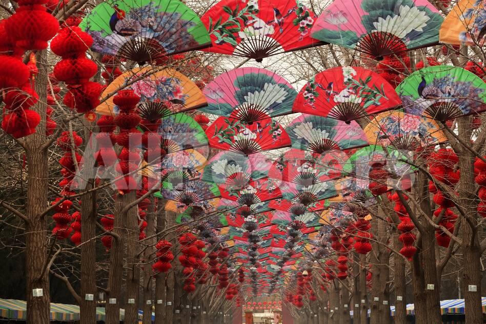 Paper Fans And Lucky Red Lanterns Are Chinese New Year Decorations