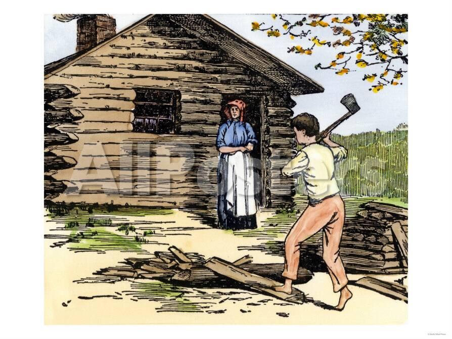 Young Abe Lincoln Cutting Wood For His Mother At Their Indiana Log