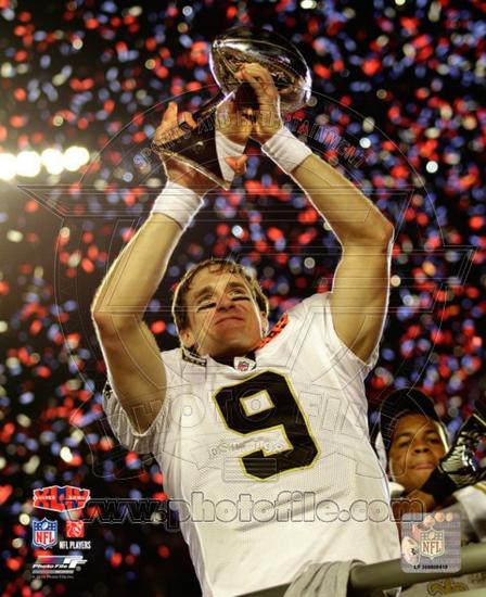 Drew Brees with the Vince Lombardi Trophy Super Bowl XLIV Photo at