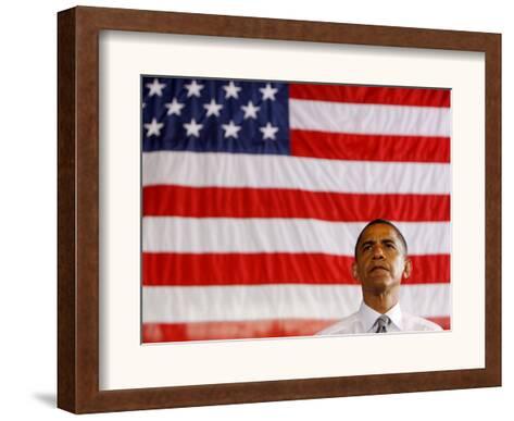 Barack Obama In Front Of Us Flag Flint Mi Framed Photographic