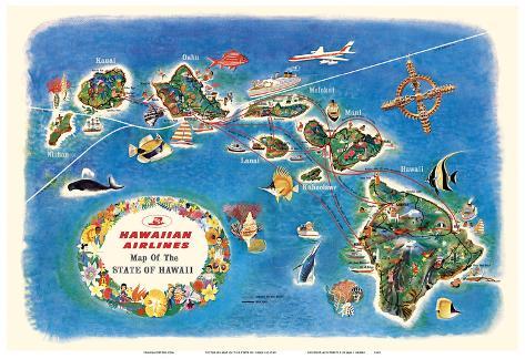 Pictorial Map of the Hawaiian Islands Wall Art Poster Decor Vintage Hawaii Repro