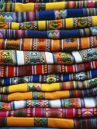 'Stack of Colorful Blankets for Sale in Market, Peru' Photographic