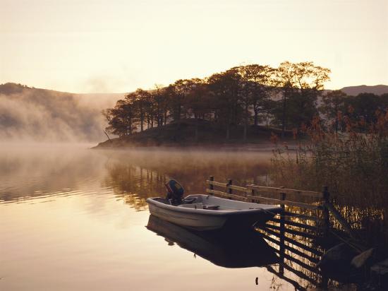 'early morning mist and boat, derwent water, lake district