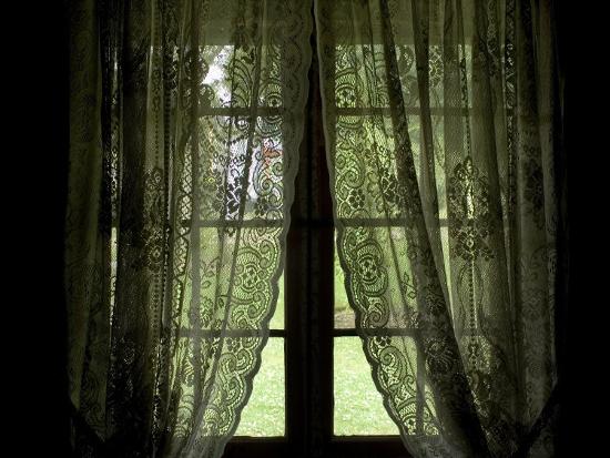 Looking Out The Window Of A Log Cabin Through Lace Curtains