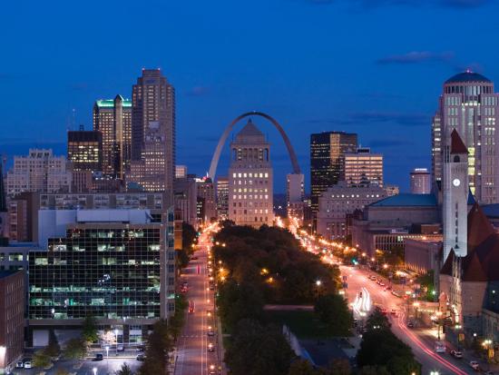 Downtown and Gateway Arch at Night, St. Louis, Missouri, USA Photographic Print by Walter ...