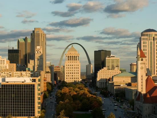 Downtown and Gateway Arch at Sunset, St. Louis, Missouri, USA Photographic Print by Walter ...