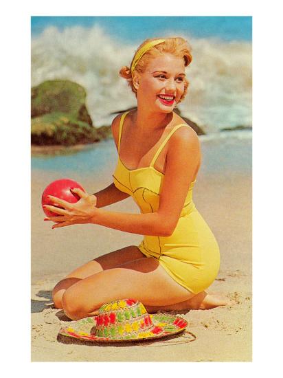'Woman in Yellow Bathing Suit with Ball' Photo | AllPosters.com