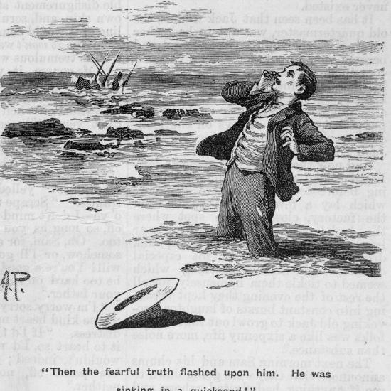 Illustration Of Young Man Sinking In Quicksand As His Ship Sinks After Hitting Rocks In Distance