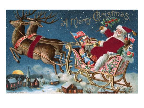 Download A Merry Christmas with Santa in His Sleigh Giclee Print at ...