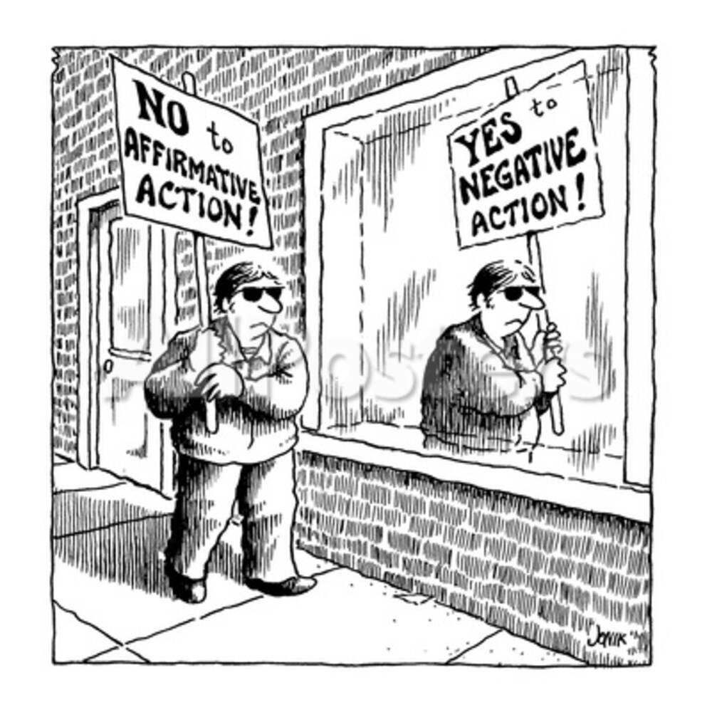 'man carrying sign, 'NO to Affirmative Action!' has reflection of