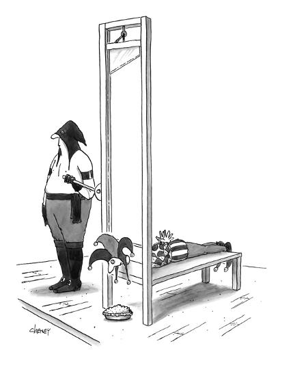 A Court Jester Is Awaiting The Guillotine And A Pie Sits Where His Head Wi New Yorker Cartoon Premium Giclee Print Tom Cheney Allposters Com A Court Jester Is Awaiting The Guillotine And A Pie Sits Where His Head Wi New Yorker Cartoon Premium Giclee Print Tom Cheney Allposters Com