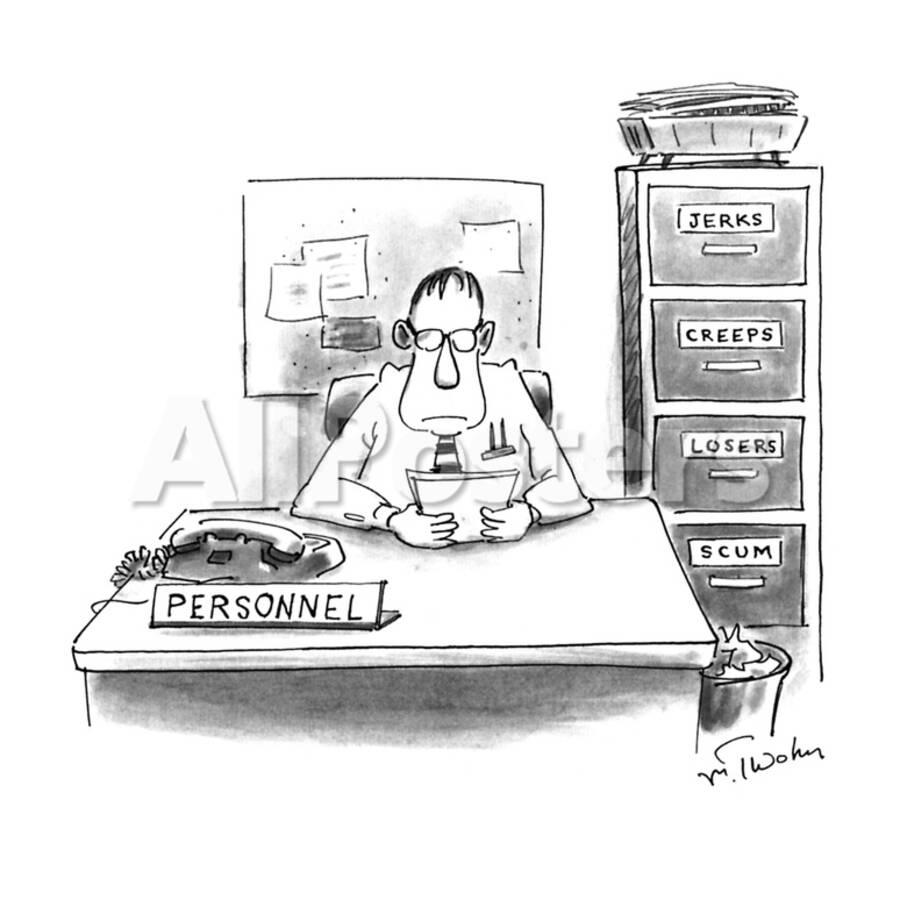 Man Sitting At Personnel Desk Next To A File Cabinet With Separate