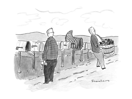 Row Of Mailboxes One Of Which Is A Cornucopia Man Walking Away With A B New Yorker Cartoon
